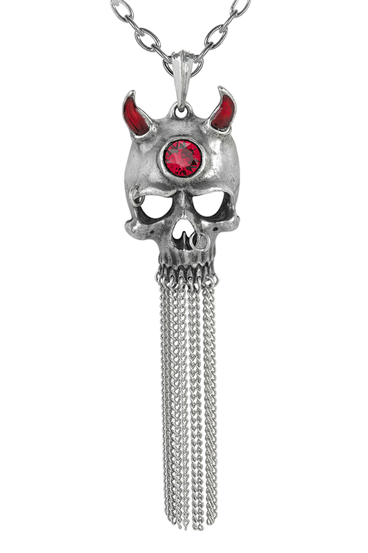 Gothic Devil Skull Pendant With Chains and Red Crystal