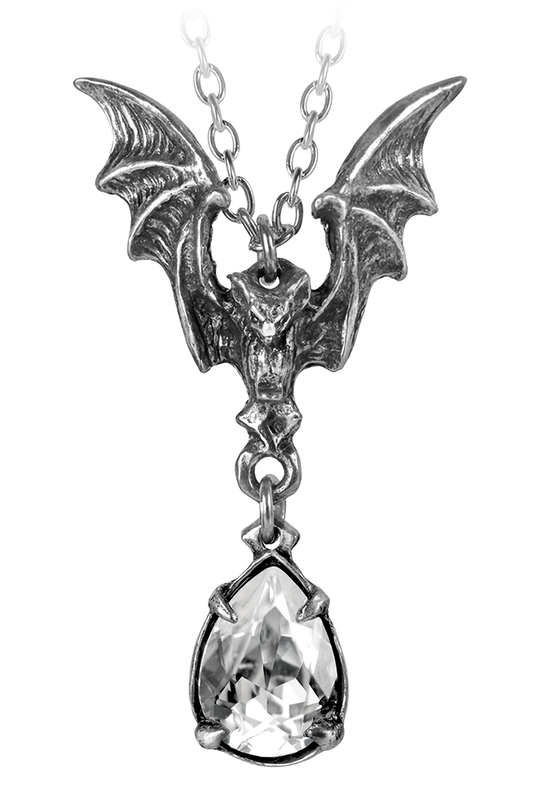Gothic Flying Bat Pendant With Clear Crystal Drop
