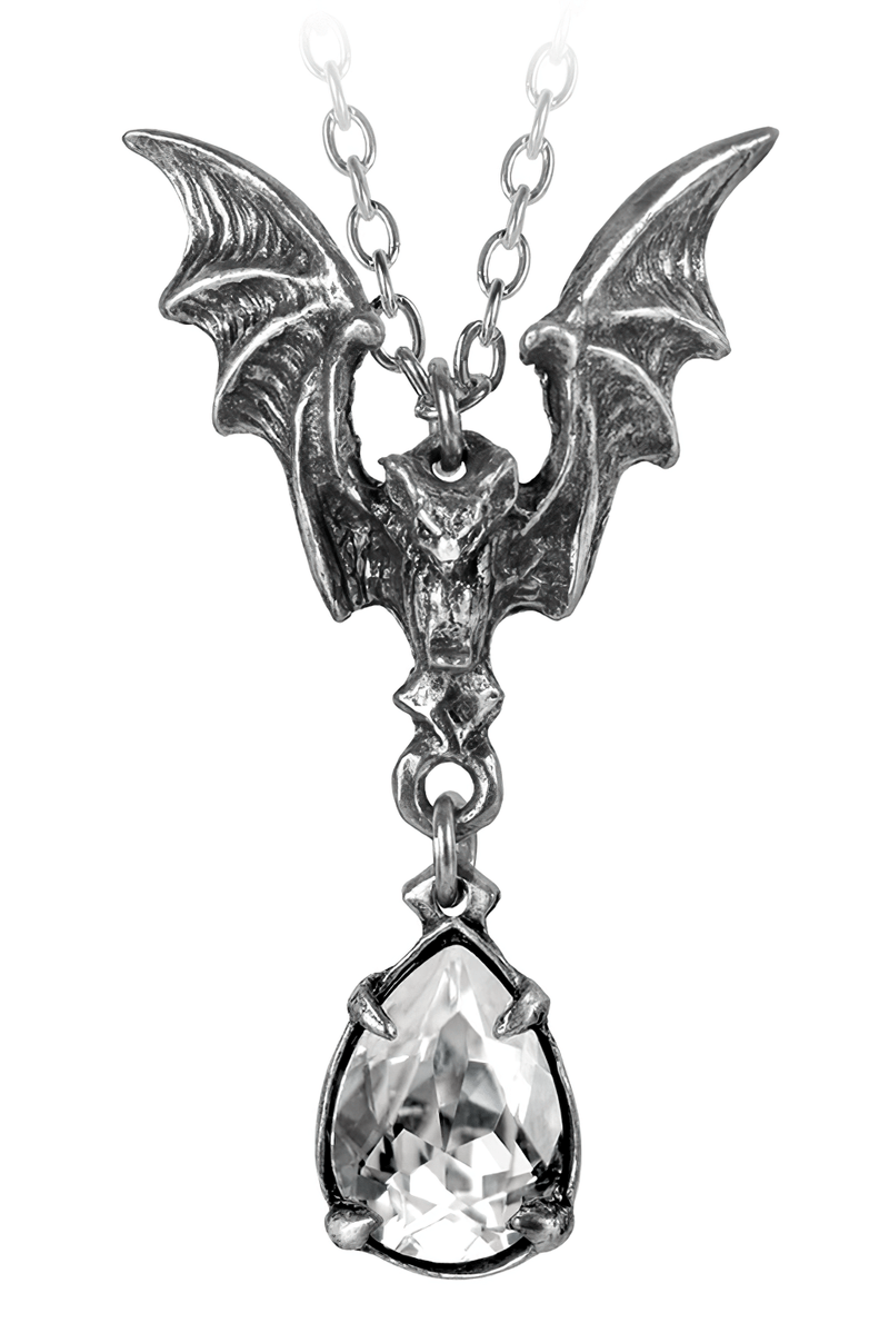 Gothic Flying Bat Pendant With Clear Crystal Drop