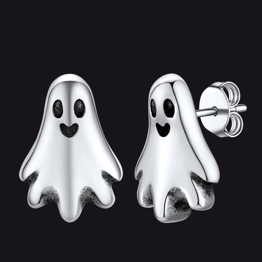 Halloween Silver Ghost Stud Earrings for