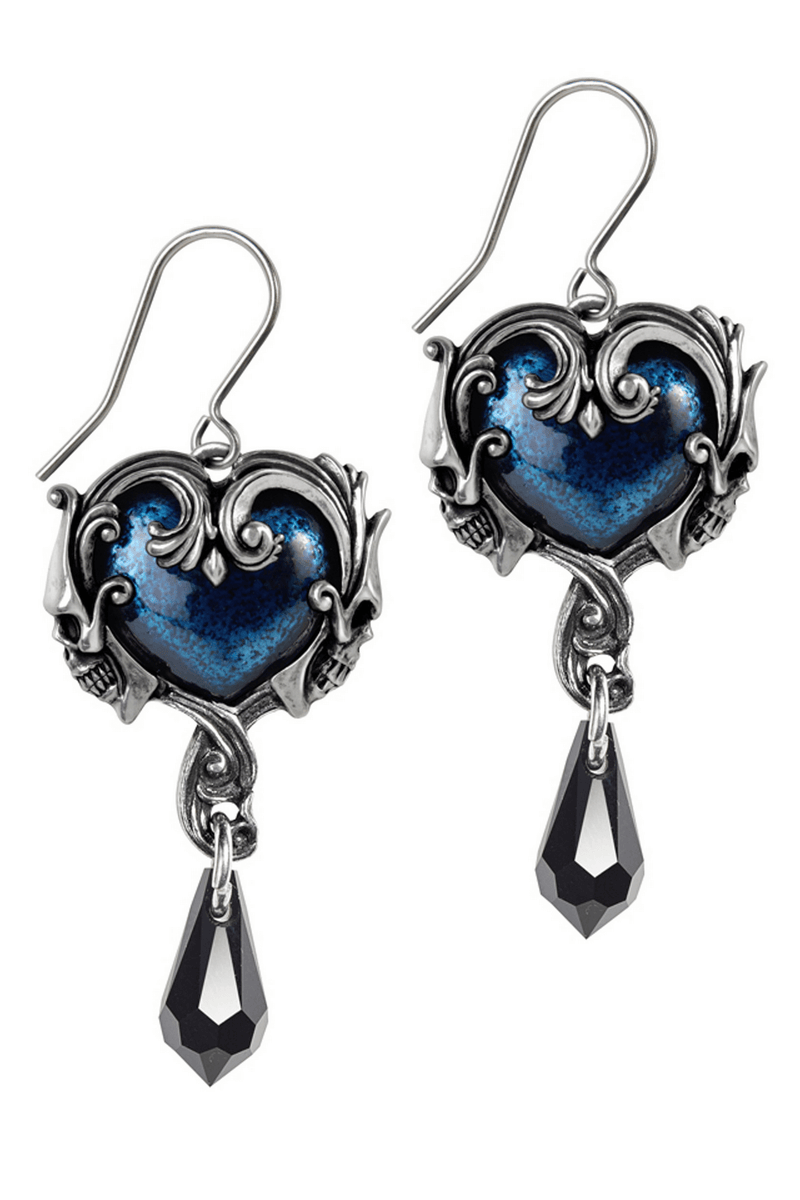 Gothic Heart and Skull Drop Earrings With Black Crystal