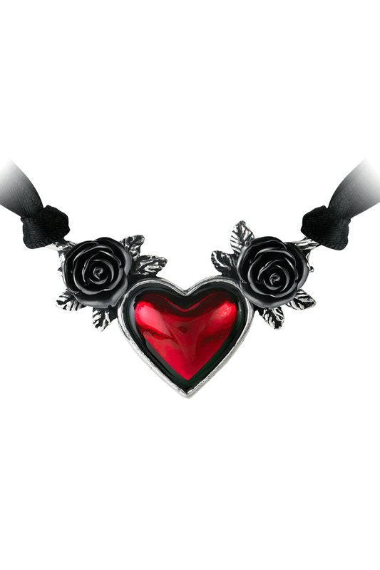 Gothic Heart Necklace With Black Roses and Blood Red Center