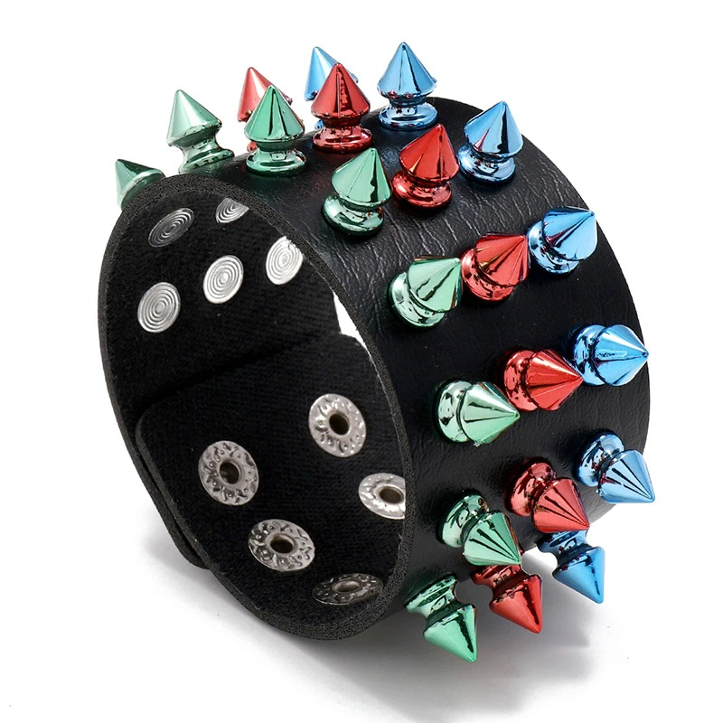 Gothic Multicolor Three Row Spikes Rivet Bracelet / Wide Cuff Pu Leather Bracelet in Punk Style