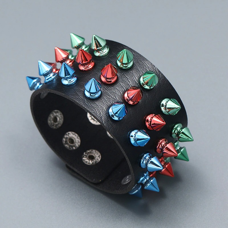 Gothic Multicolor Three Row Spikes Rivet Bracelet / Wide Cuff Pu Leather Bracelet in Punk Style