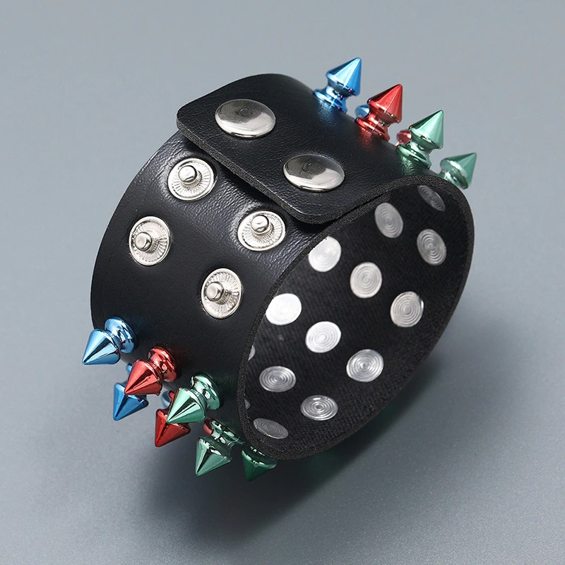 Gothic Multicolor Three Row Spikes Rivet Bracelet / Wide Cuff Pu Leather Bracelet in Punk Style