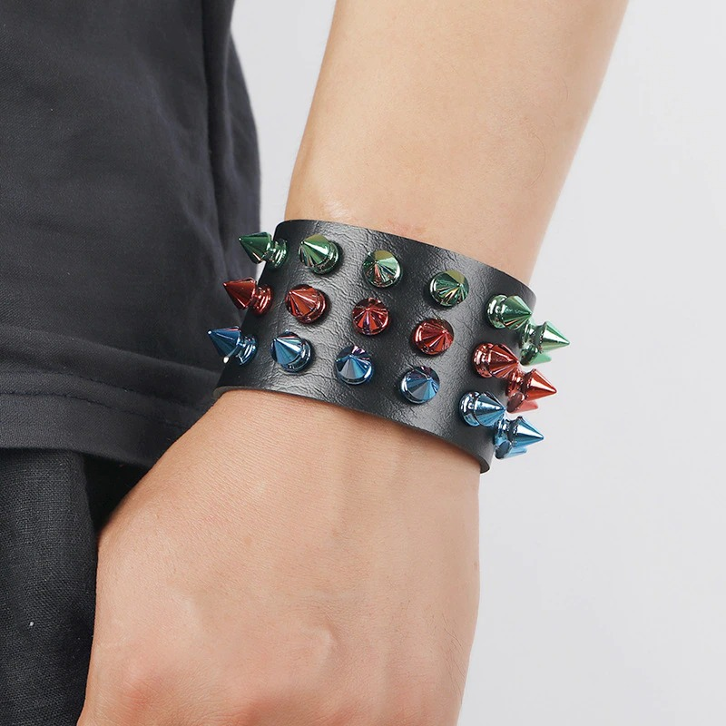 Gothic Multicolor Three Row Spikes Rivet Bracelet / Wide Cuff Pu Leather Bracelet in Punk Style