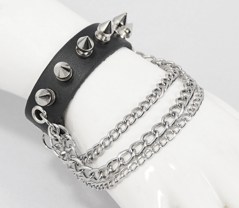 Gothic Punk Faux Leather Bracelet With Chain / Black Adjustable Wristbands With Studs