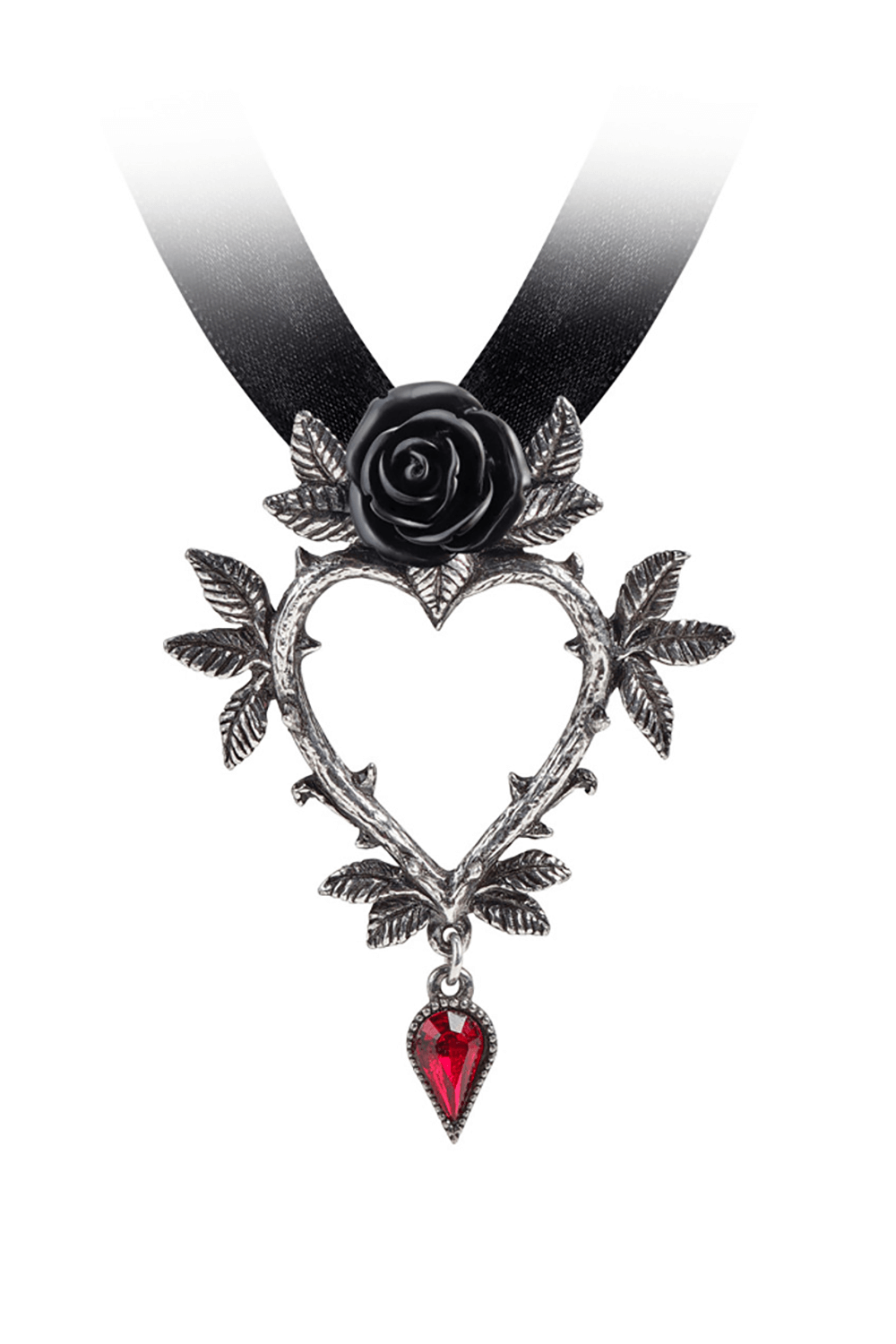Gothic Rose Heart Necklace With Red Crystal Dropper