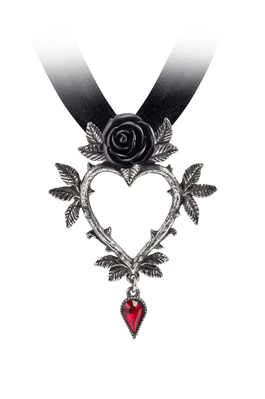 Gothic Rose Heart Necklace With Red Crystal Dropper