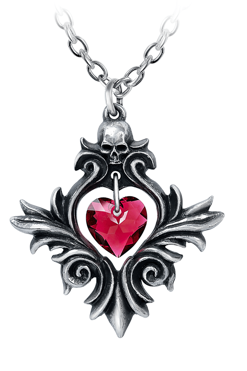 Gothic Skull Pendant With Red Crystal Heart Charm