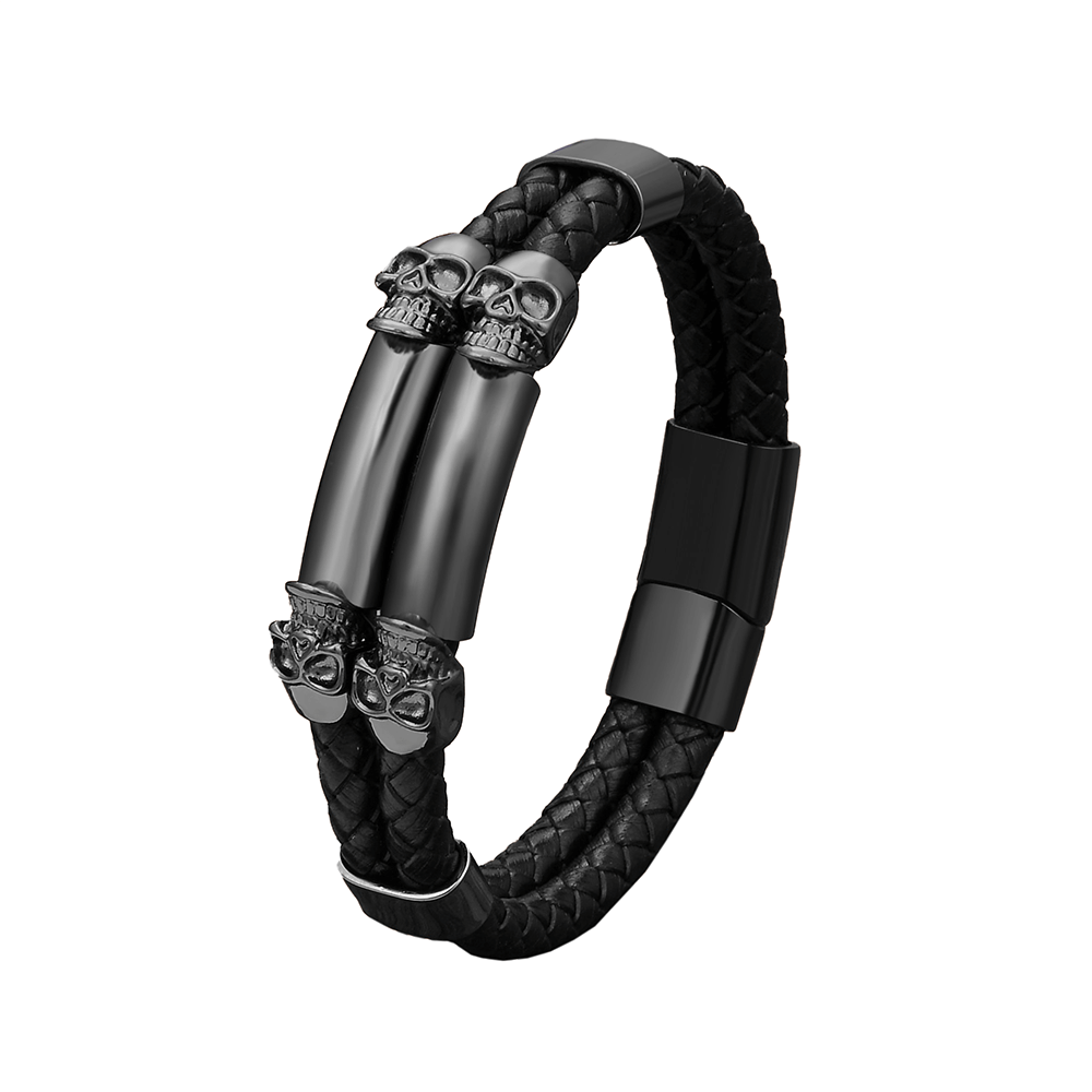 Gothic Stainless Steel Bracelet With Skull / Stylish Pu Leather Bangles / Heavy Metal Accessories