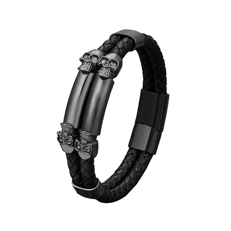 Gothic Stainless Steel Bracelet With Skull / Stylish Pu Leather Bangles / Heavy Metal Accessories