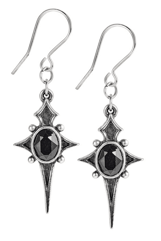Gothic Star Cross Dropper Earrings With Black Crystal