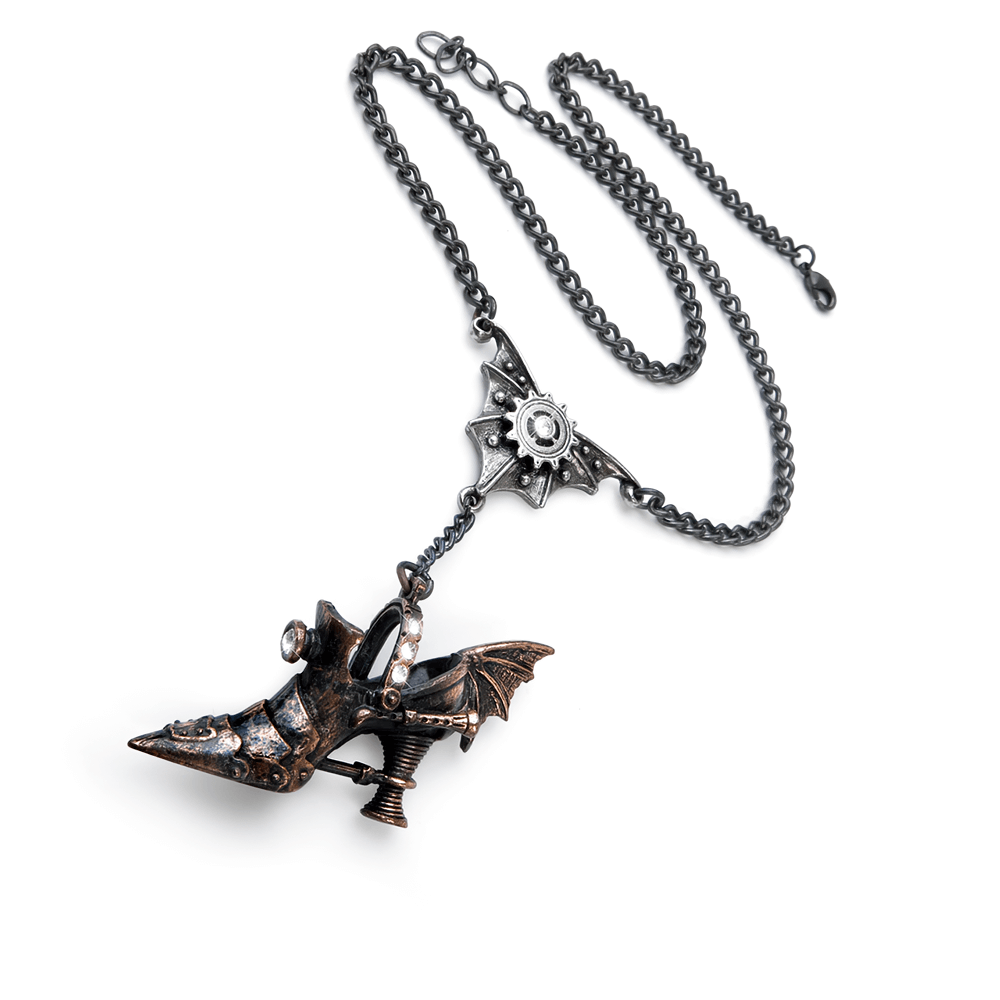Gothic Steampunk Bat and Gear Shoe Pendant Necklace