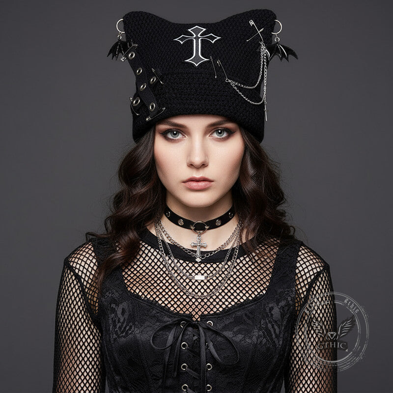 Gothic Bat Wings Cross Chain Cat Ear Knitted Beanies Hat