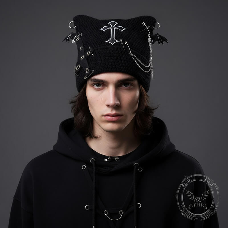 Gothic Bat Wings Cross Chain Cat Ear Knitted Beanies Hat