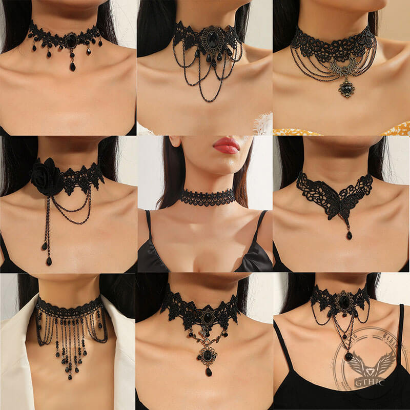 Gothic Black Hollow Lace Tassel Alloy Choker Necklace