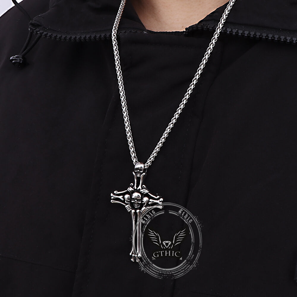 Gothic Bone Skull Stainless Steel Cross Pendant