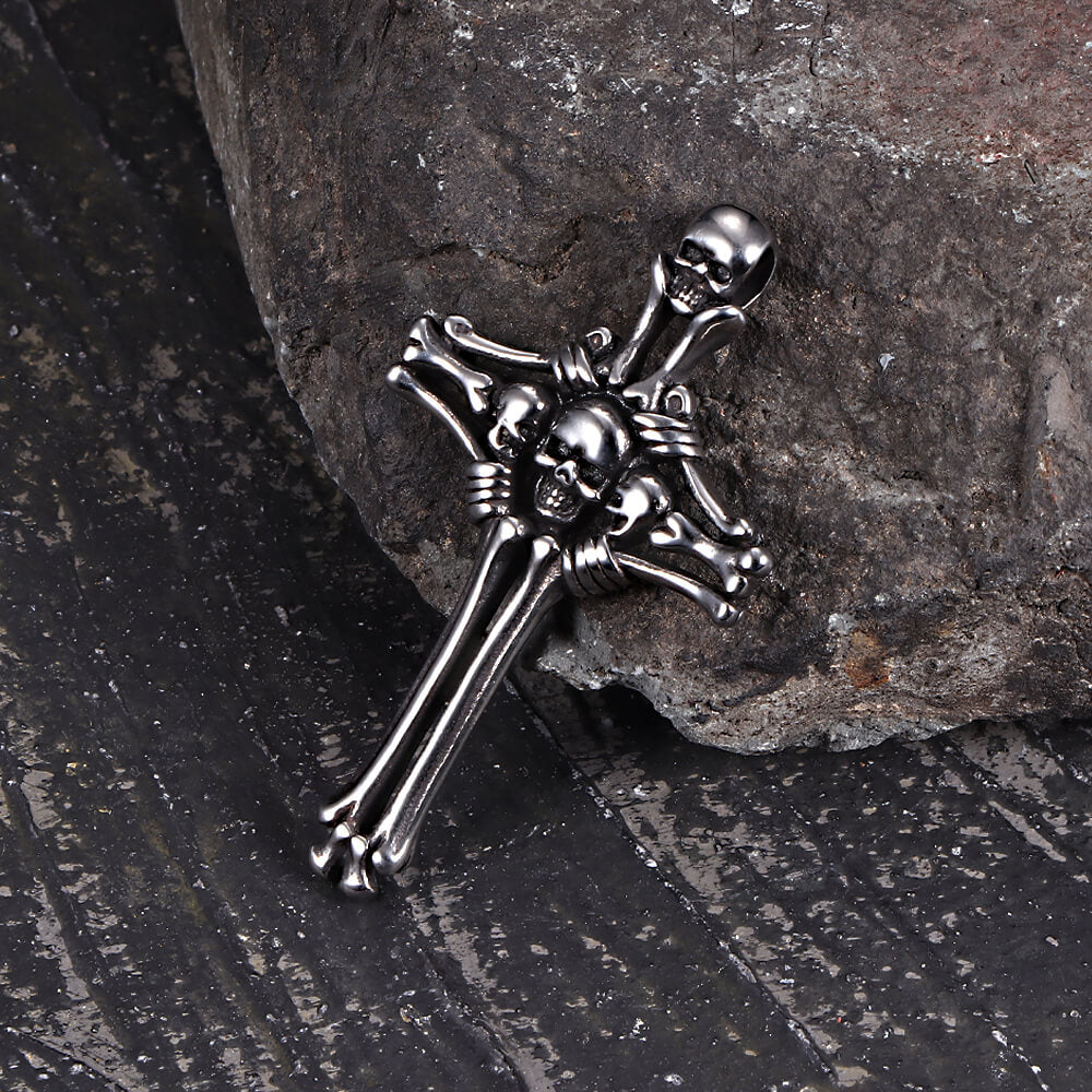 Gothic Bone Skull Stainless Steel Cross Pendant