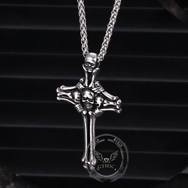 Gothic Bone Skull Stainless Steel Cross Pendant