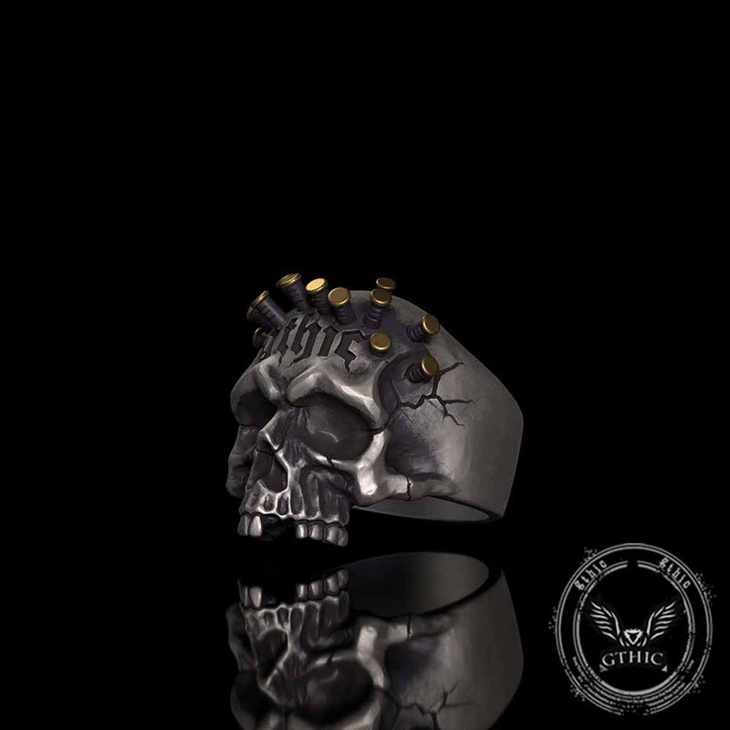Gothic Bullet Crown Skull Sterling Silver Ring