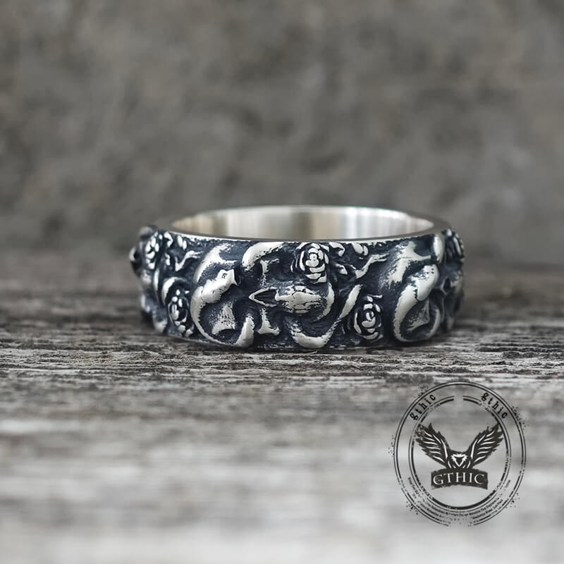 Gothic Coiled Snake Rose Sterling Silver Skull Ring