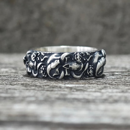 Gothic Coiled Snake Rose Sterling Silver Skull Ring