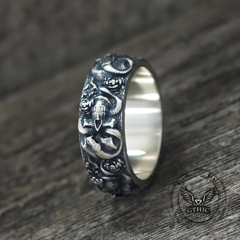Gothic Coiled Snake Rose Sterling Silver Skull Ring