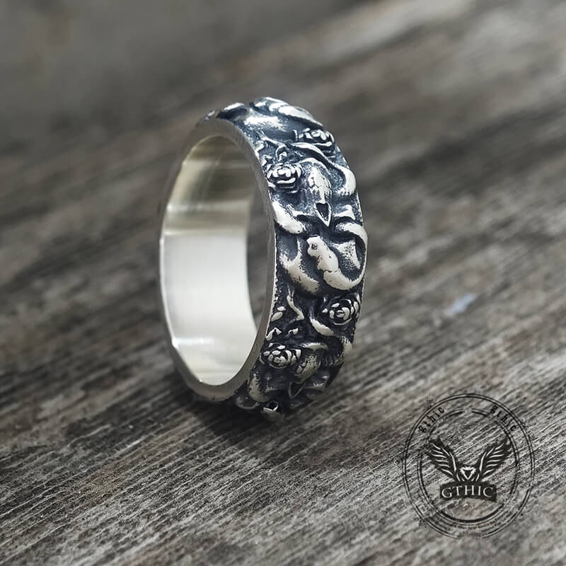 Gothic Coiled Snake Rose Sterling Silver Skull Ring