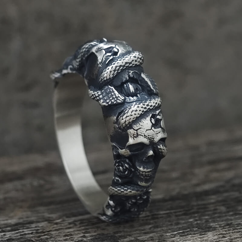 Gothic Coiled Snake Skull Sterling Silver Ring