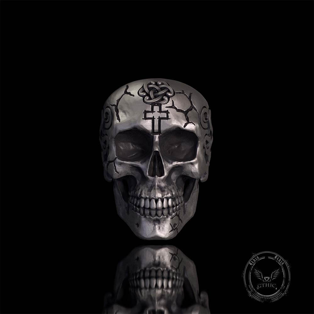Gothic Cross Celtic Sterling Silver Cracked Skull Ring