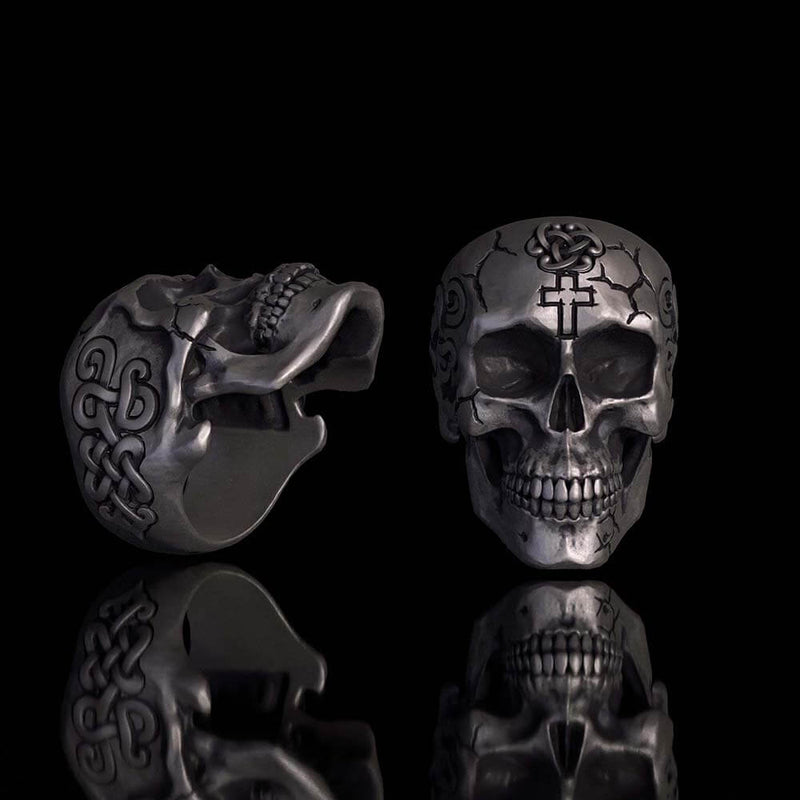 Gothic Cross Celtic Sterling Silver Cracked Skull Ring