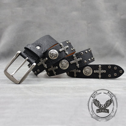 Gothic Cross Skull Rivet Snake Pattern Pu Leather Belt