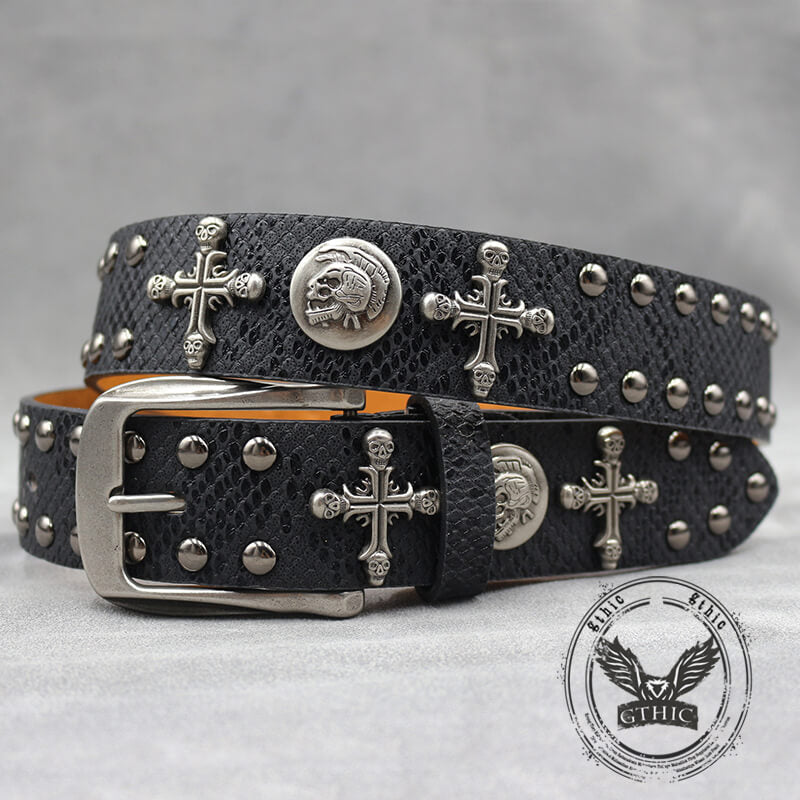 Gothic Cross Skull Rivet Snake Pattern Pu Leather Belt