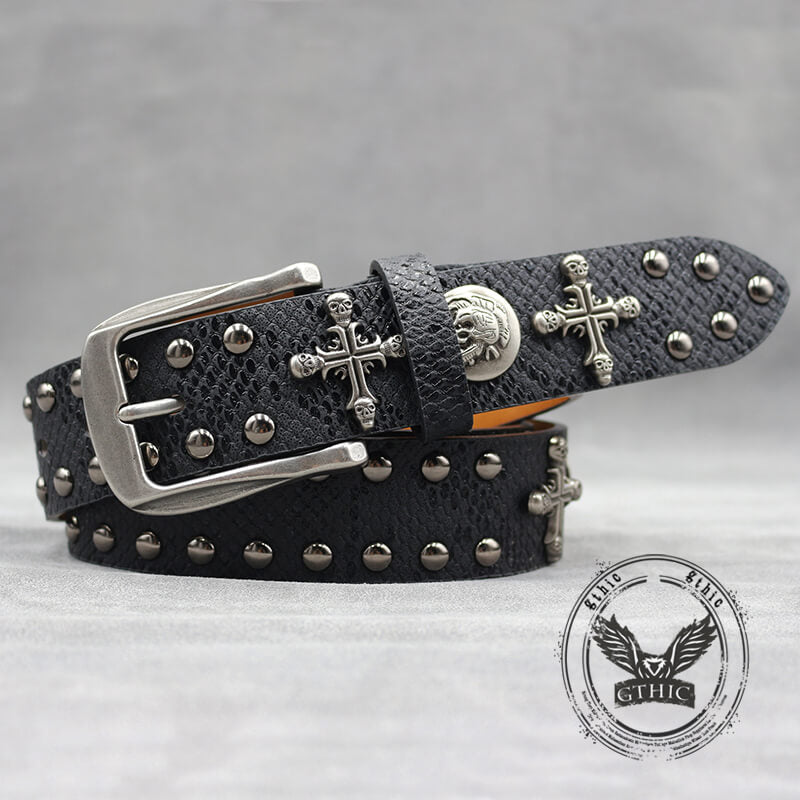 Gothic Cross Skull Rivet Snake Pattern Pu Leather Belt