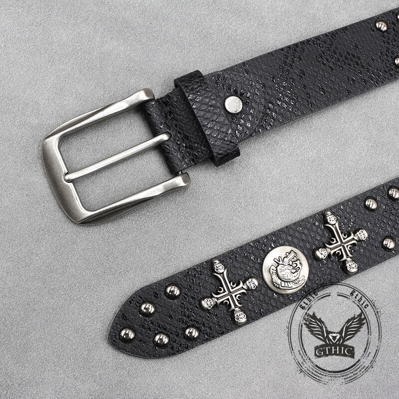 Gothic Cross Skull Rivet Snake Pattern Pu Leather Belt