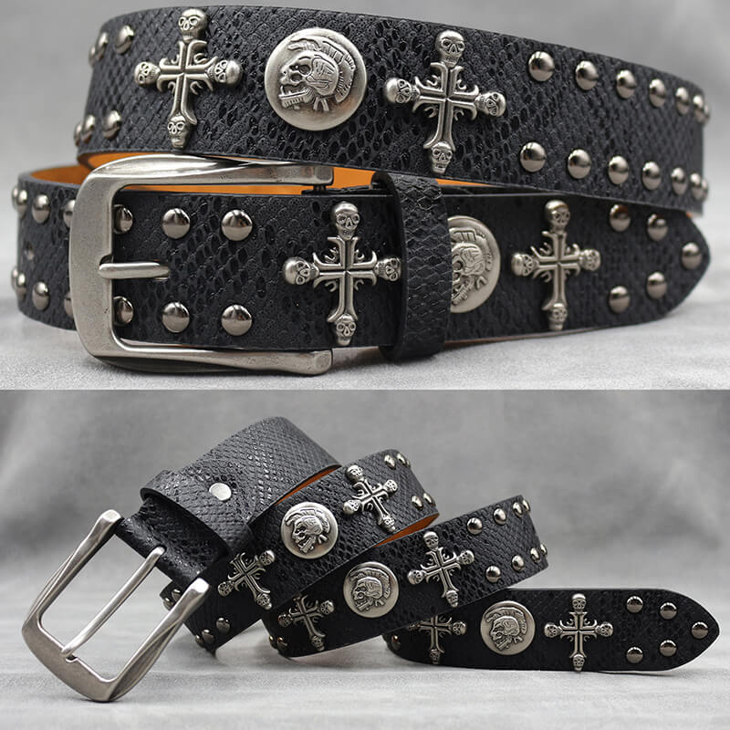 Gothic Cross Skull Rivet Snake Pattern Pu Leather Belt