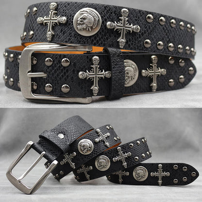 Gothic Cross Skull Rivet Snake Pattern Pu Leather Belt