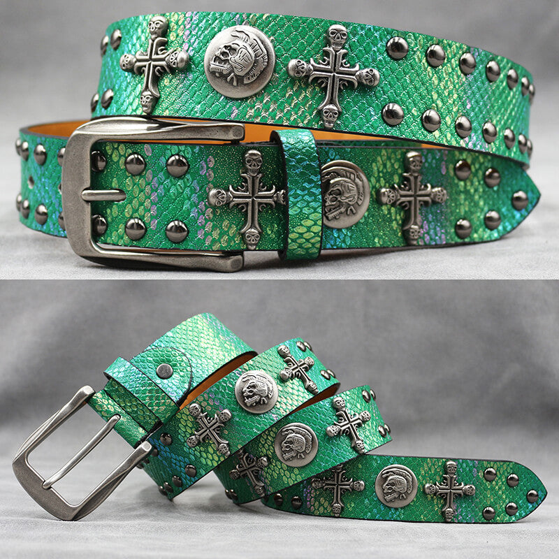 Gothic Cross Skull Rivet Snake Pattern Pu Leather Belt
