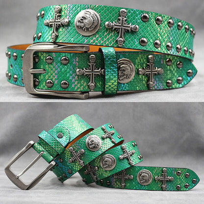 Gothic Cross Skull Rivet Snake Pattern Pu Leather Belt