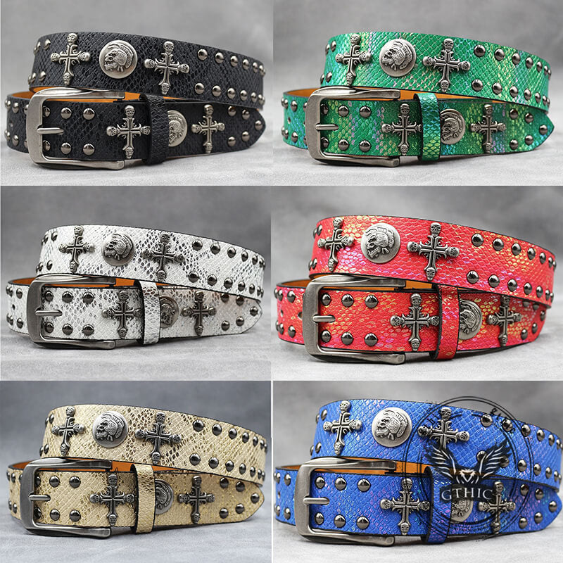 Gothic Cross Skull Rivet Snake Pattern Pu Leather Belt
