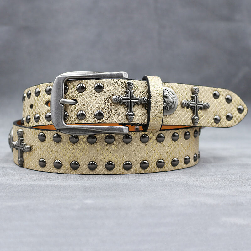Gothic Cross Skull Rivet Snake Pattern Pu Leather Belt
