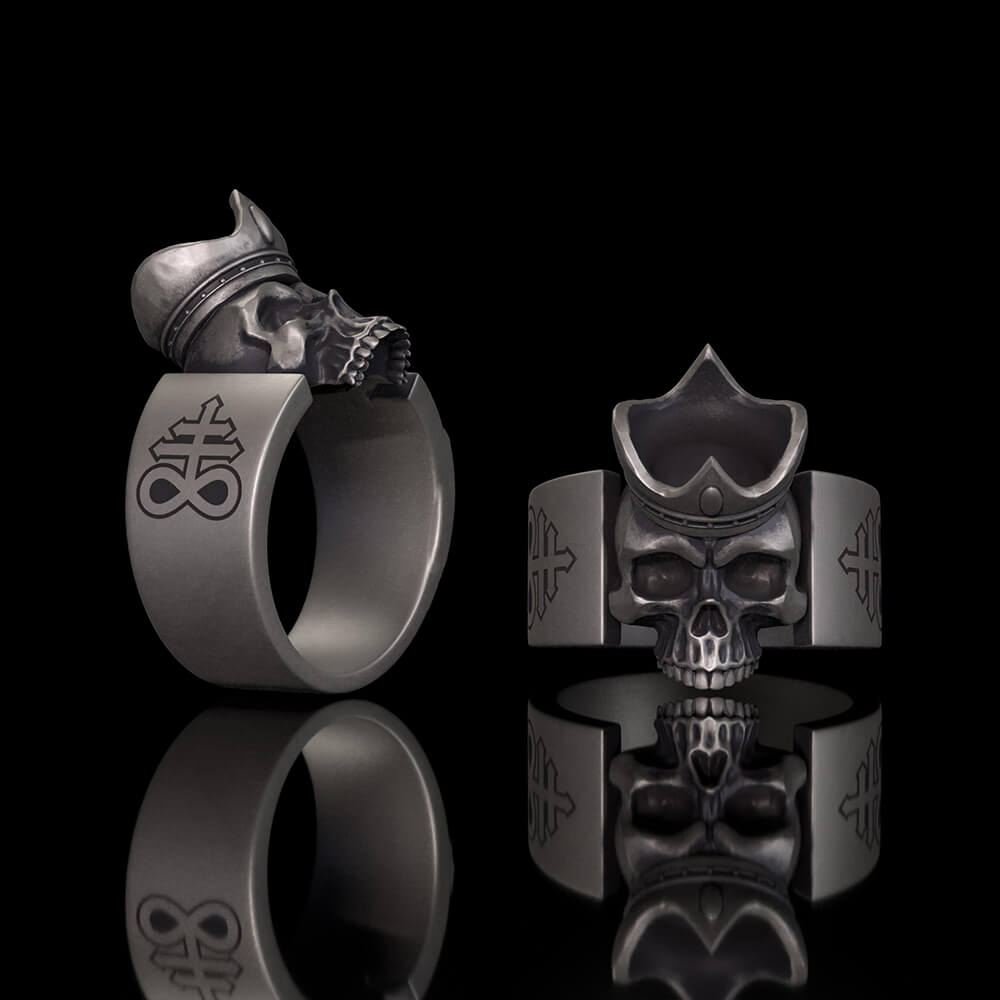 Gothic Crown Skull Leviathan Cross Sterling Silver Ring