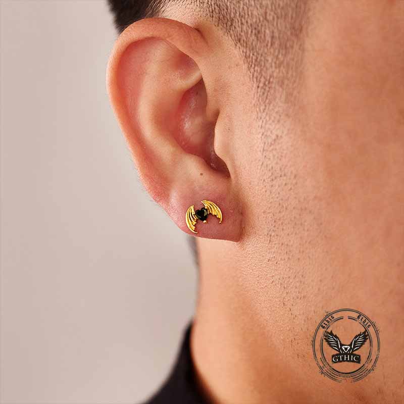 Gothic Devil Wings Heart Zircon Stainless Steel Earrings