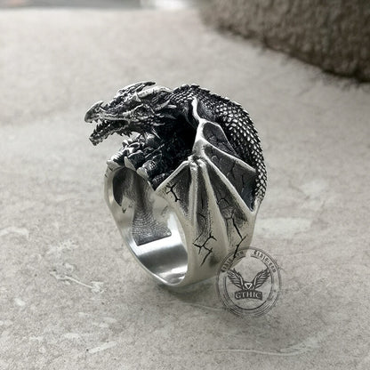 Gothic Flying Dragon Skulls Sterling Silver Ring