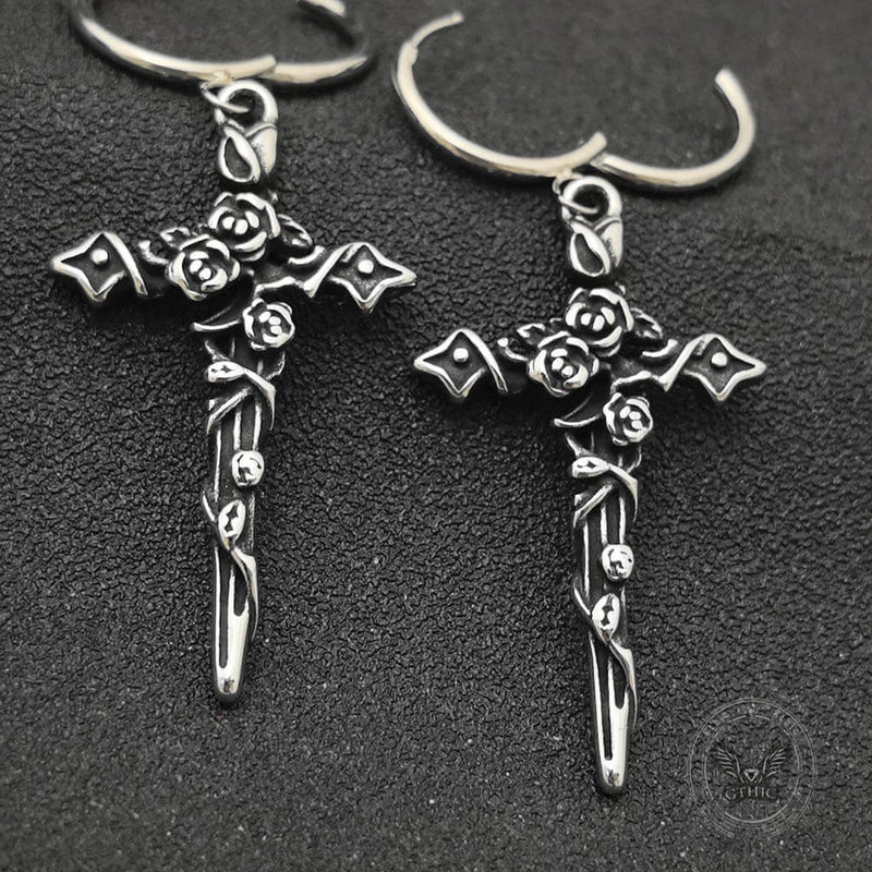 Gothic Forbidden Rose Cross Stainless Steel Hoop Earrings