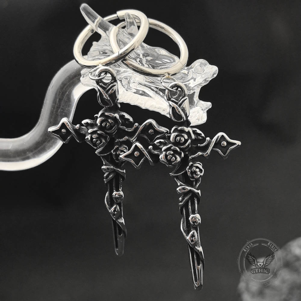 Gothic Forbidden Rose Cross Stainless Steel Hoop Earrings