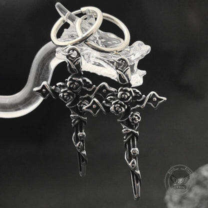 Gothic Forbidden Rose Cross Stainless Steel Hoop Earrings