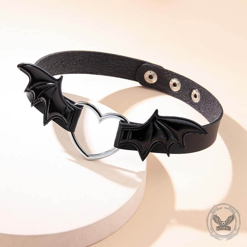 Gothic Heart Bat Wings Alloy Pu Leather Choker Necklace