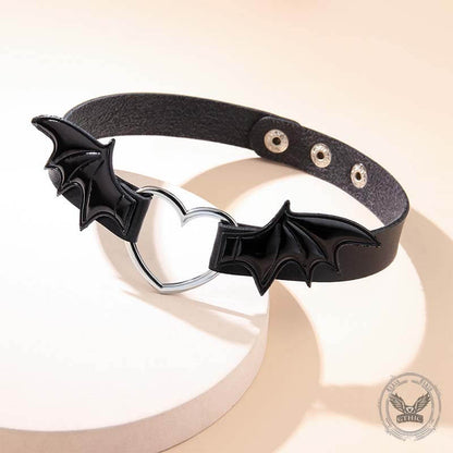 Gothic Heart Bat Wings Alloy Pu Leather Choker Necklace